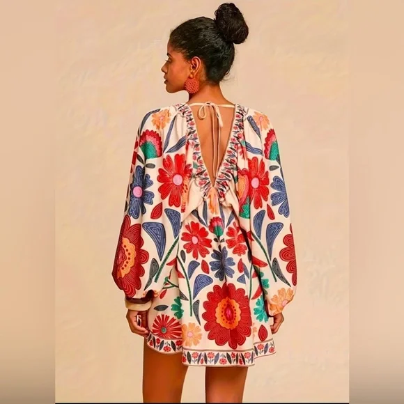 Floral V-Neck Bohemian Floral Print Dress - Picture 2 of 4